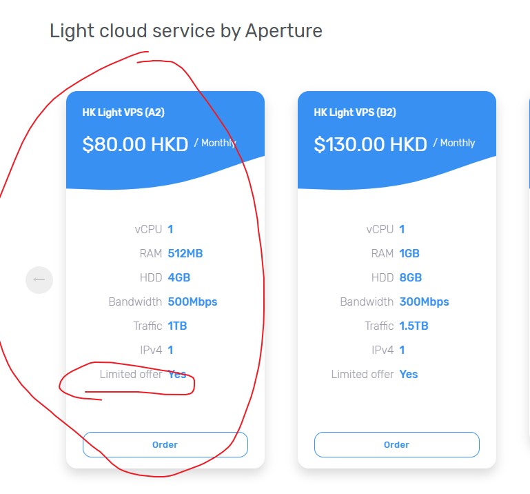 Aperture：$10.7/月/512MB内存/4GB SSD空间/1TB流量/500Mbps端口/VMware/香港/直连；原生IP